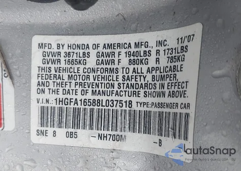 2008 Honda Civic Lx from USA, damaged, VIN 1HGFA16588L037518